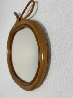 Miroir vintage 1960 pomme rotin osier bambou - 32 x 33 cm