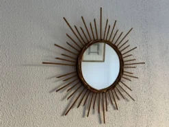 Miroir vintage 1960 soleil rotin osier - 55 cm
