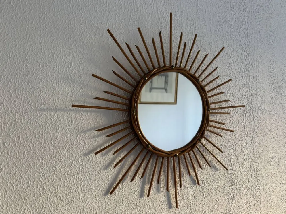 Miroir vintage 1960 soleil rotin osier - 55 cm