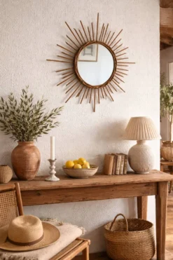 Miroir vintage 1960 soleil rotin osier - 55 cm