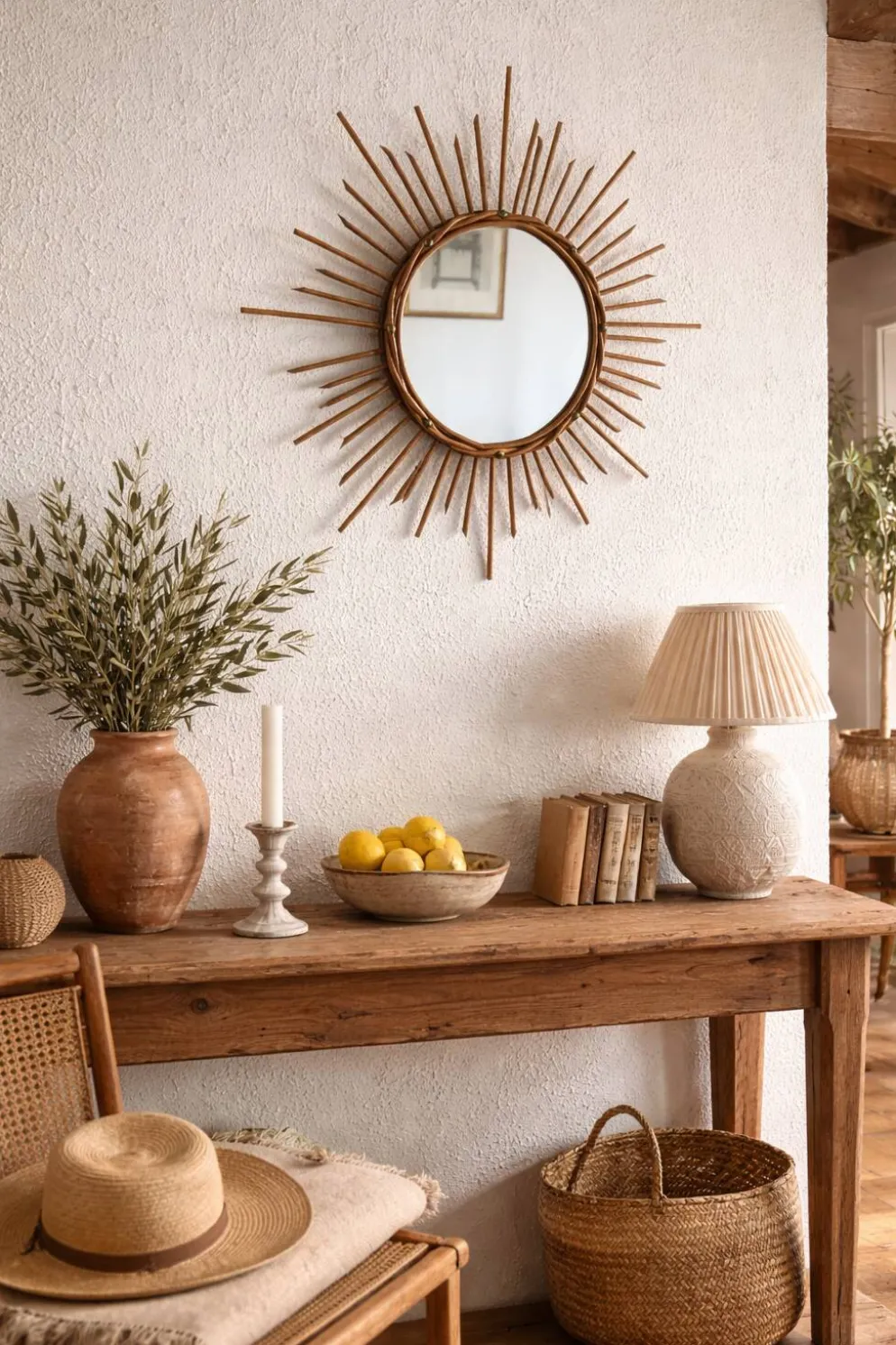 Miroir vintage 1960 soleil rotin osier - 55 cm