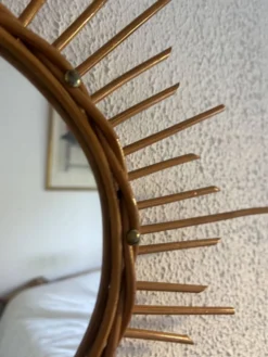 Miroir vintage 1960 soleil rotin osier - 55 cm