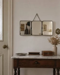 Miroir vintage 1930 triptyque barbier verre biseauté simili cuir - 24 x 60