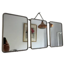 Miroir vintage 1960 triptyque barbier ivoire matelassé - 21 x 50 cm