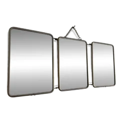 Miroir vintage 1960 triptyque barbier ivoire matelassé - 21 x 50 cm