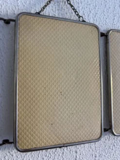 Miroir vintage 1960 triptyque barbier ivoire matelassé - 21 x 50 cm