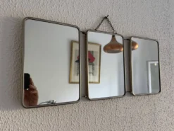 Miroir vintage 1960 triptyque barbier ivoire matelassé - 21 x 50 cm