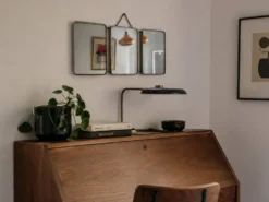 Miroir vintage 1960 triptyque barbier ivoire matelassé - 21 x 50 cm