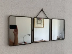 Miroir vintage 1930 triptyque barbier nickelé simili crocodile vert avocat