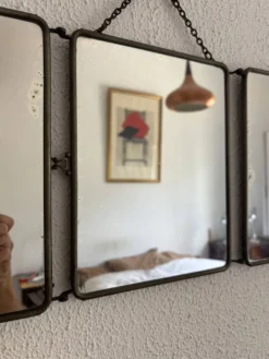 Miroir vintage 1930 triptyque barbier nickelé simili crocodile vert avocat