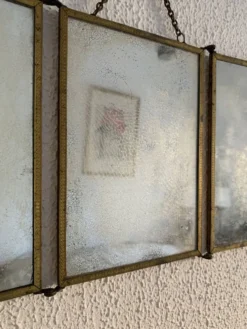Miroir vintage 1900 triptyque barbier Art Nouveau doré - 21 x 48 cm