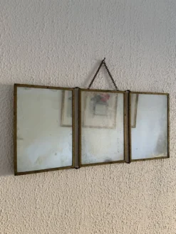 Miroir vintage 1900 triptyque barbier Art Nouveau doré - 21 x 48 cm