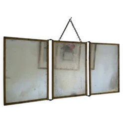 Miroir vintage 1900 triptyque barbier Art Nouveau doré - 21 x 48 cm