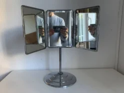 Miroir vintage 1940 triptyque barbier pied biseauté - 40 x 35 cm
