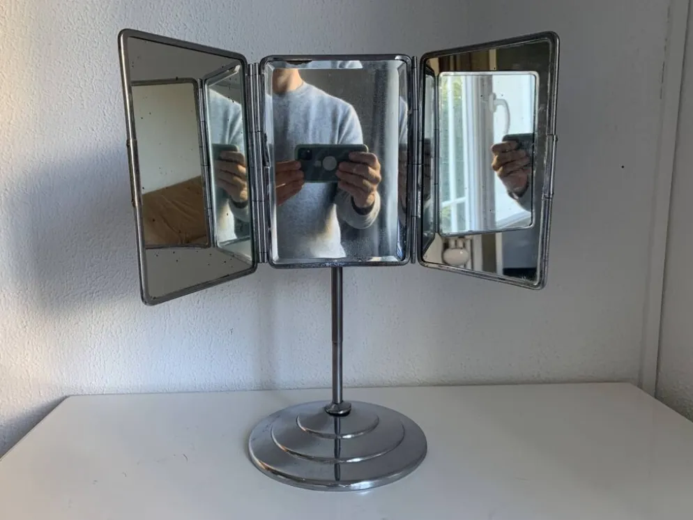 Miroir vintage 1940 triptyque barbier pied biseauté - 40 x 35 cm