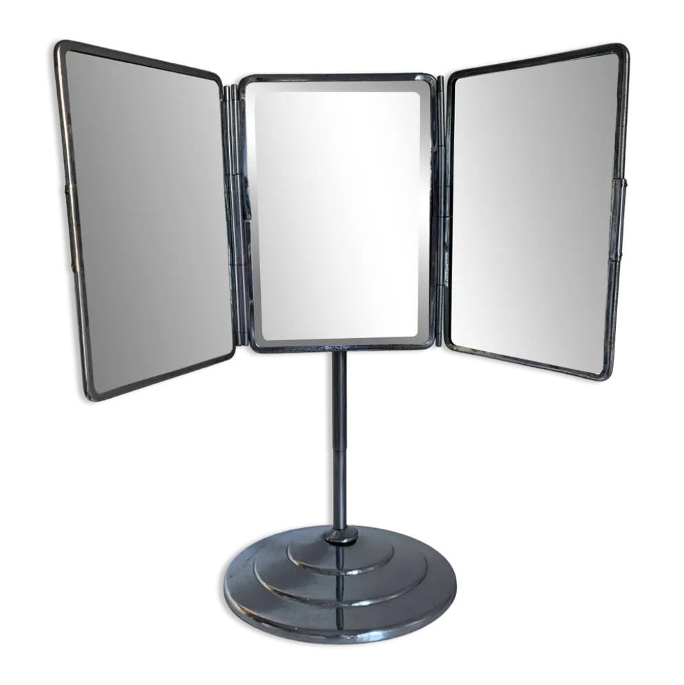 Miroir vintage 1940 triptyque barbier pied biseauté - 40 x 35 cm