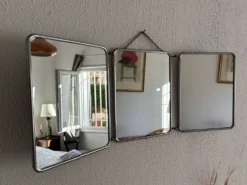 Miroir vintage 1960 triptyque barbier argenté Arpin - 28 x 70 cm