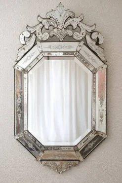 Miroir vénitien ancien fin XIXe – verre biseauté & décor gravé – 124 x 68