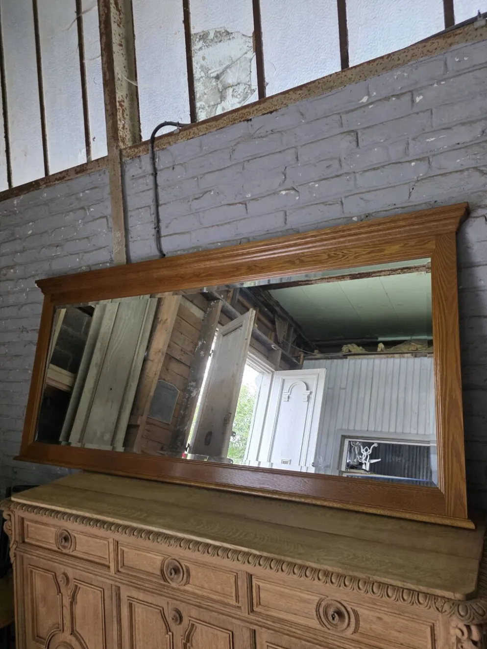 Miroir XXL biseauté en chêne, 210cm de L