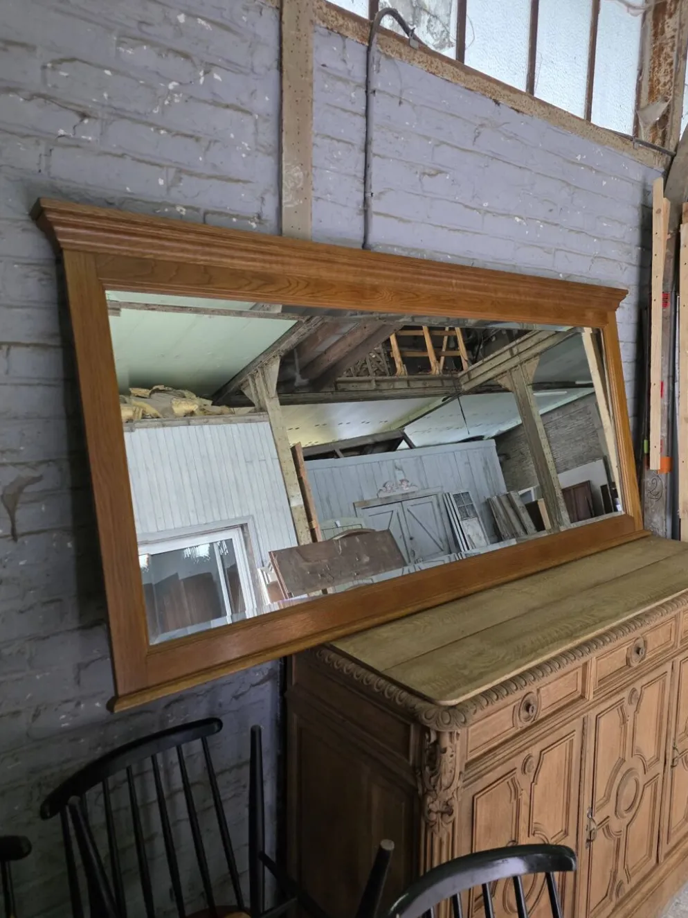 Miroir XXL biseauté en chêne, 210cm de L