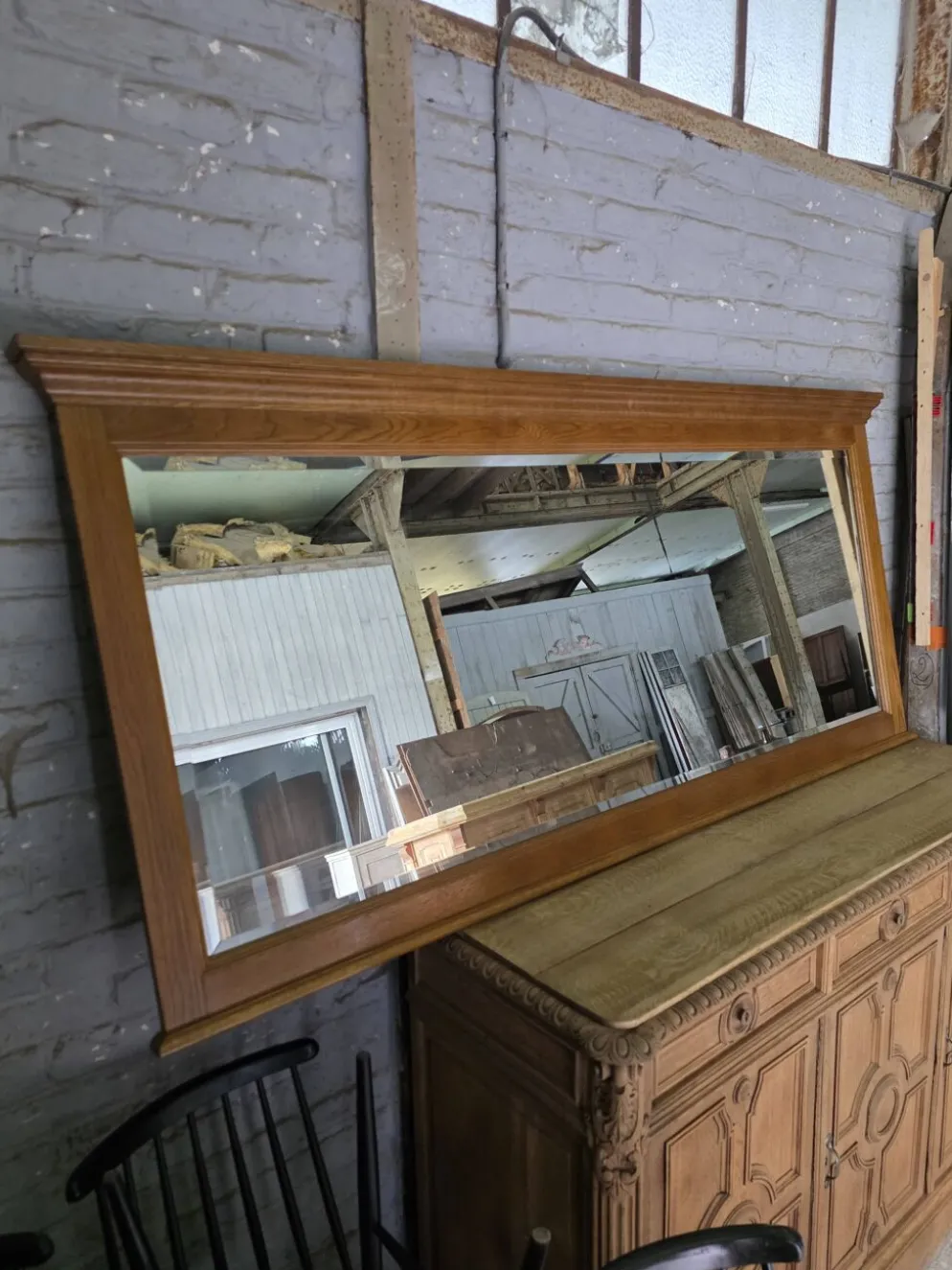 Miroir XXL biseauté en chêne, 210cm de L