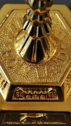 Ménorah/Chandelier Juif/Hébraïque à 7 bras de lumière. Gravé des symboles des 12 tribus d Israël/Inscription Holyland. En métal doré. Dim 20 x 16 cm