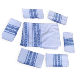 Nappe a the rectangulaire et 6 serviettes, made in france, linge basque, blanche et bleue, Vintage