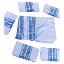 Nappe a the rectangulaire et 6 serviettes, made in france, linge basque, blanche et bleue, Vintage