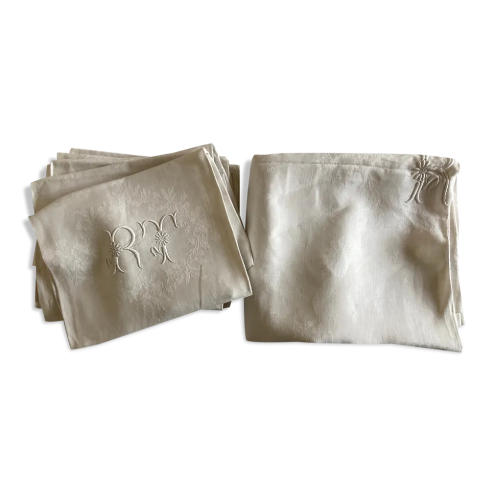 Nappe et 8 serviettes en damas de lin brodées RT vers 1900
