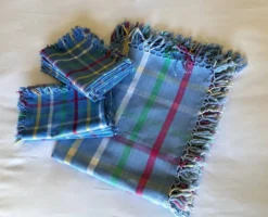 Nappe & serviettes vintages, bleues rayures multicolores
