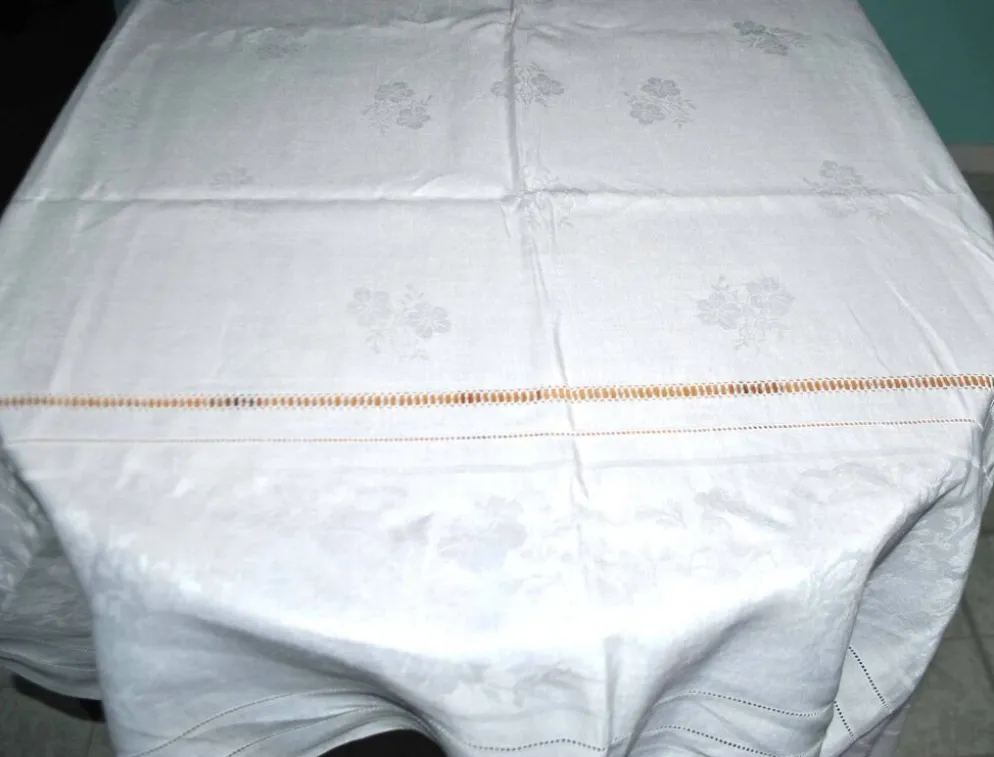 Nappe vintage en coton métis damassé 130x150 décor fleuri monogramme médaillon BV + 10 serviettes *M
