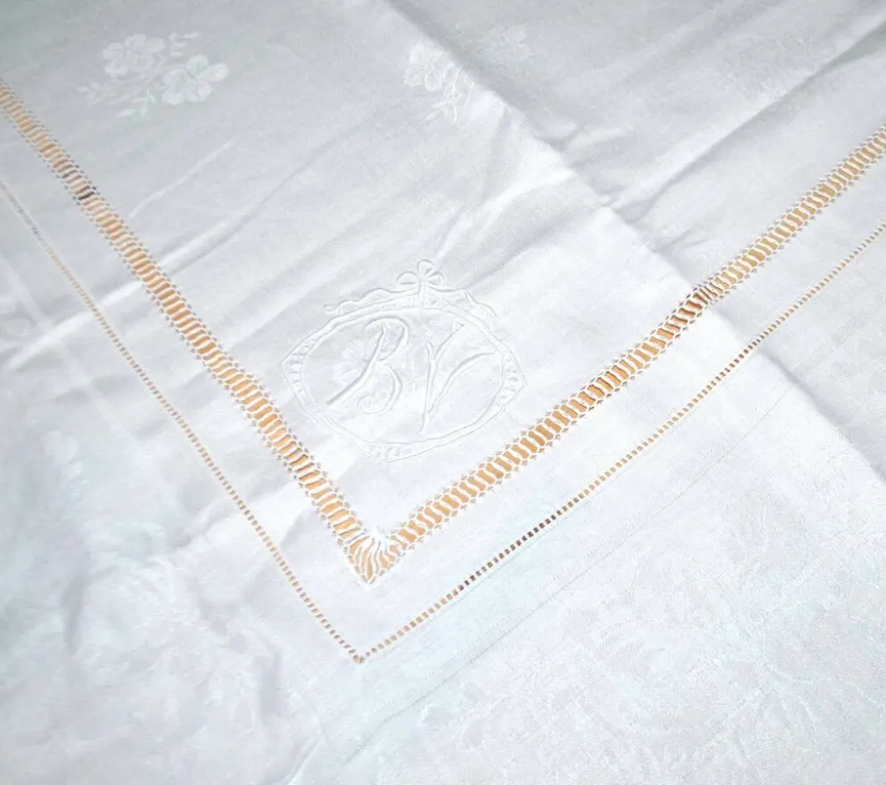 Nappe vintage en coton métis damassé 130x150 décor fleuri monogramme médaillon BV + 10 serviettes *M