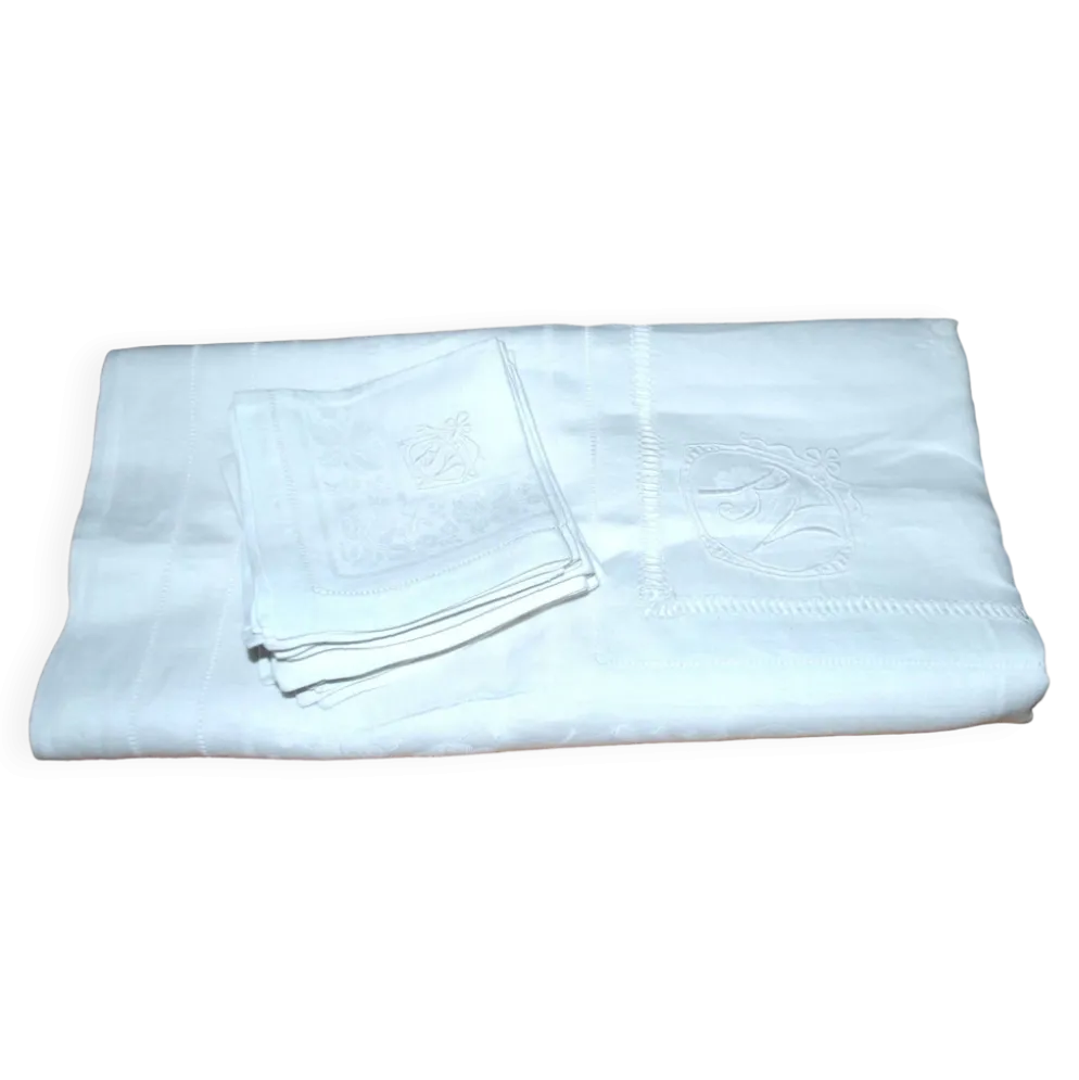 Nappe vintage en coton métis damassé 130x150 décor fleuri monogramme médaillon BV + 10 serviettes *M