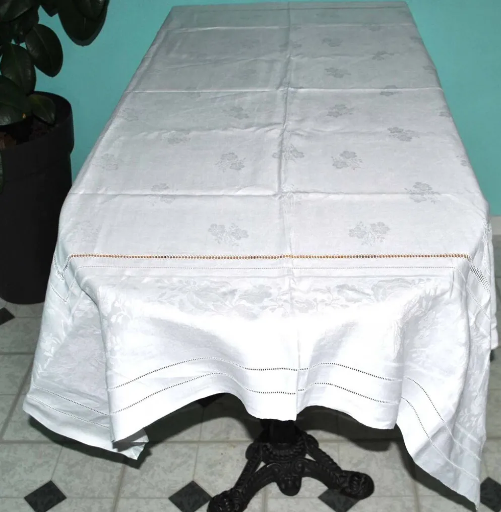 Nappe vintage en coton métis damassé 130x150 décor fleuri monogramme médaillon BV + 10 serviettes *M