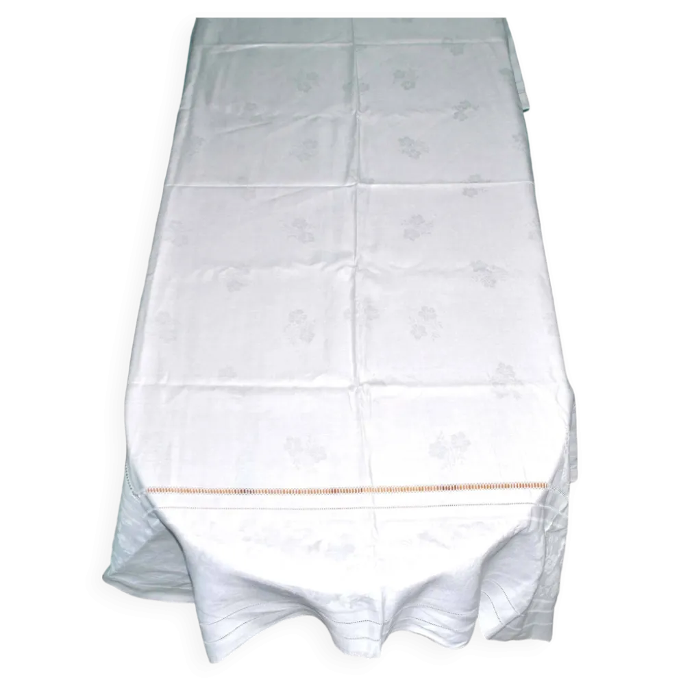Nappe vintage en coton métis damassé 130x150 décor fleuri monogramme médaillon BV + 10 serviettes *M