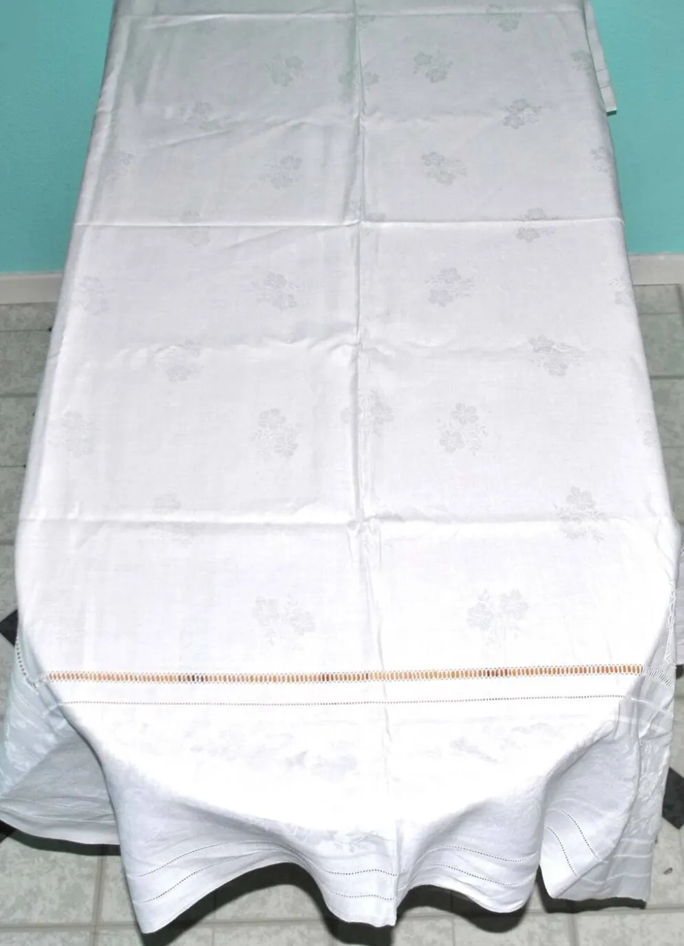 Nappe vintage en coton métis damassé 130x150 décor fleuri monogramme médaillon BV + 10 serviettes *M