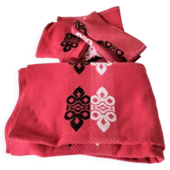 Nappe vintage graphique rouge et 8 serviettes assorties