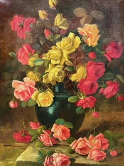 Nature morte ancienne signée avec des roses.
