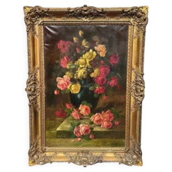 Nature morte ancienne signée avec des roses.