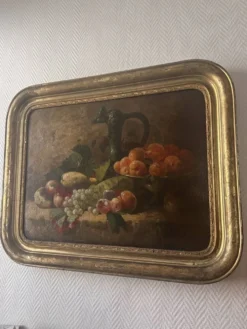 Nature morte aux fruits du XIXe siècle, huile sur toile et cadre doré à la feuille