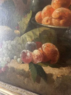 Nature morte aux fruits du XIXe siècle, huile sur toile et cadre doré à la feuille