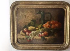 Nature morte aux fruits du XIXe siècle, huile sur toile et cadre doré à la feuille