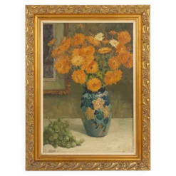 Nature morte belge par Jos Pas, 1944 — Fleurs et raisins dans un vase