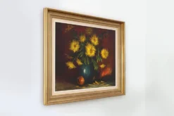 Nature morte impressionniste avec des fleurs jaunes par A. de Man, Belgique, années 1960.