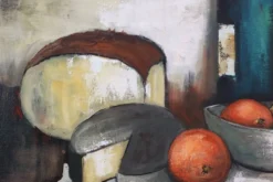 Nature morte impressionniste avec bouteille et fruits par A. de Man, Belgique, années 1960.