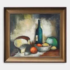 Nature morte impressionniste avec bouteille et fruits par A. de Man, Belgique, années 1960.