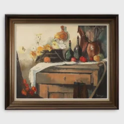 Nature morte impressionniste avec des fruits et des fleurs par J. Geurts, Belgique, 1960