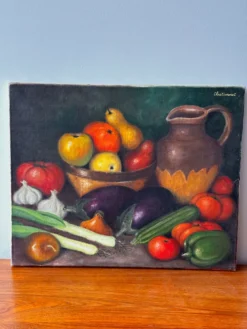 Nature morte « Le retour du marché » – Signée et datée 1977