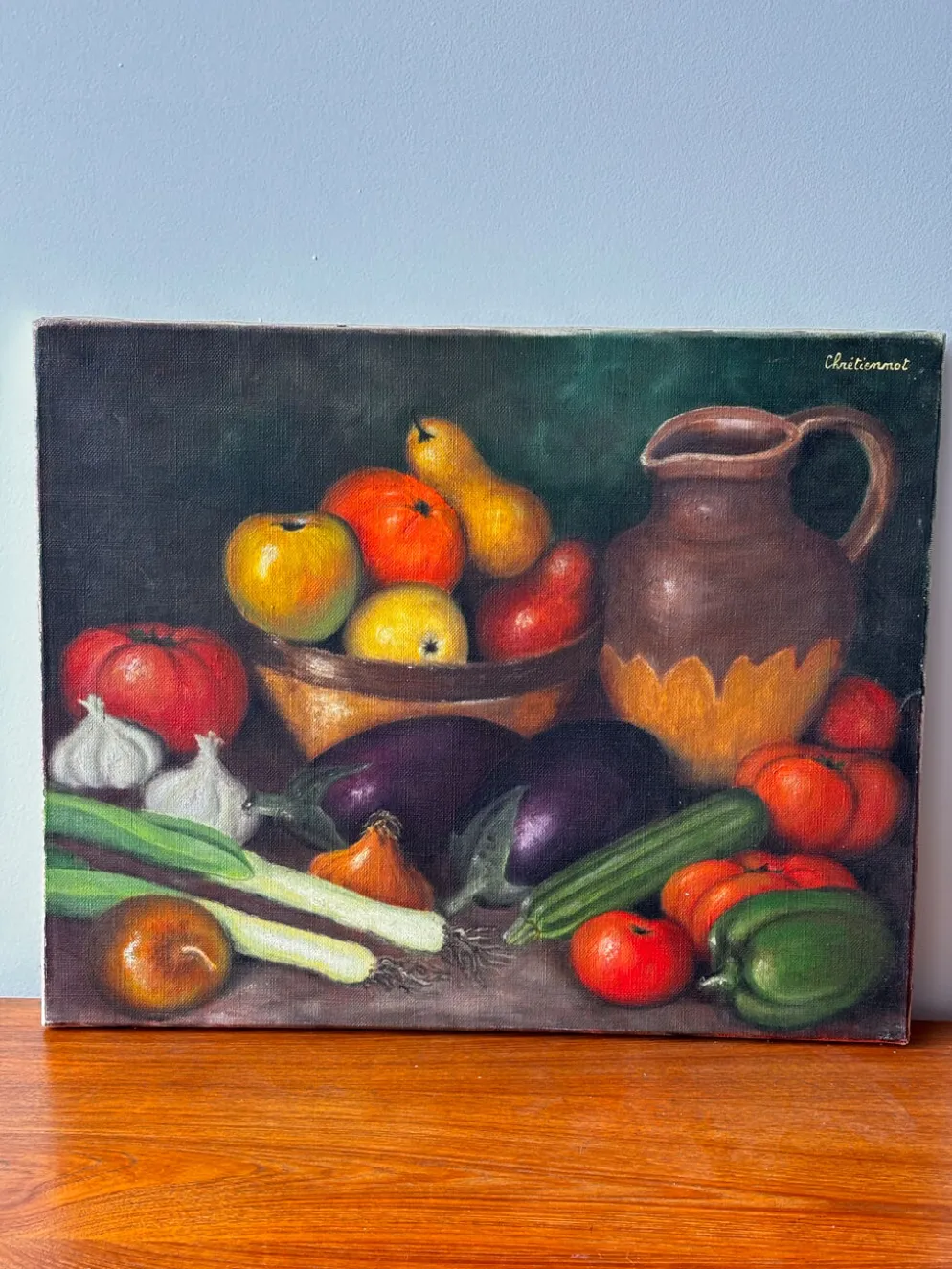 Nature morte « Le retour du marché » – Signée et datée 1977