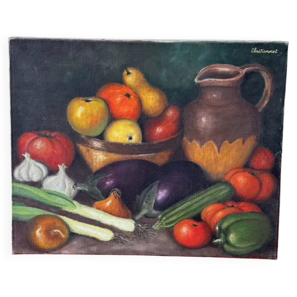 Nature morte « Le retour du marché » – Signée et datée 1977